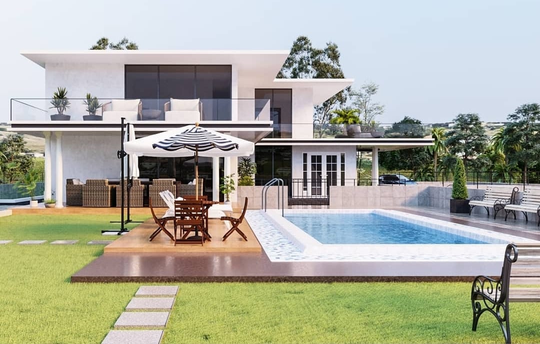 Modern villa exterior with outdoor pool